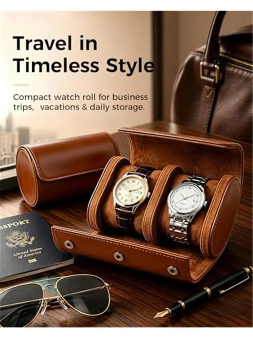 Watch Travel Case for Men: Watch Roll Box 2-Slot with Removable Pillows